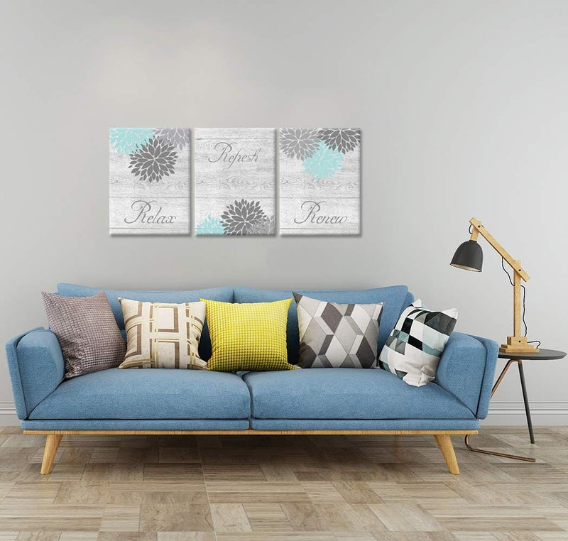 Zlove Teal and Grey Bathroom Wall Decor Dahlia Flower Painting Prints Relax Signs Artwork for Spa Yoga Room, 12"x16", 3Pcs - Image 2